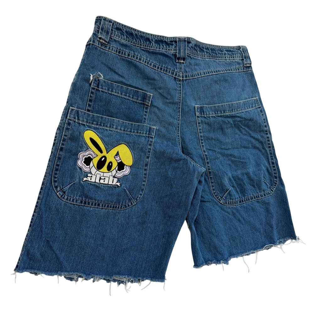 A-Lab Mens Denim Shorts Size 34 Blue Embroidered Bunny Wide Leg Raw Streetwear